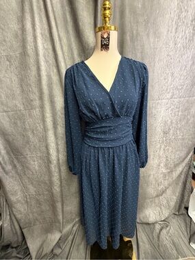 Classic Navy Long-Sleeve Wrap Midi Dress with Ruched Waist